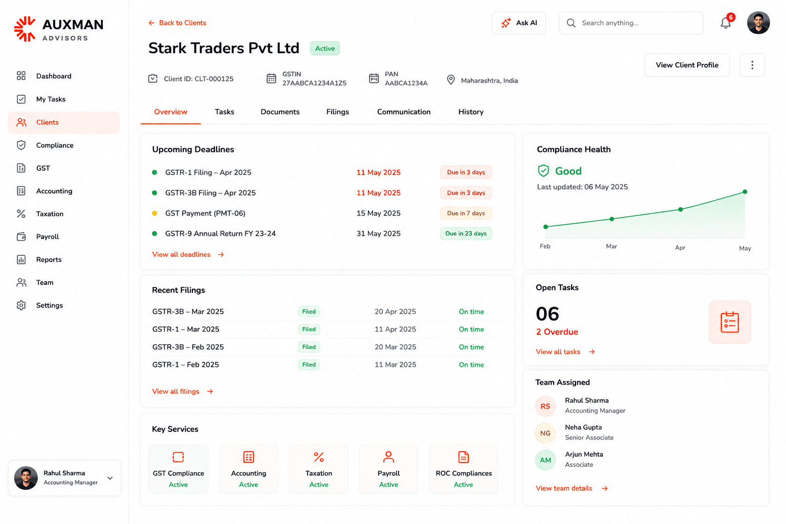 A client view for Stark Traders: upcoming filing deadlines with days remaining, a compliance health trend, recent filings marked on time, and the professionals assigned.
